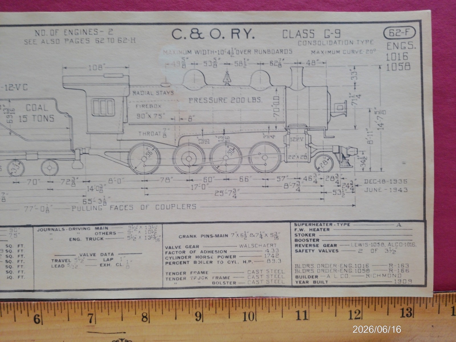 CHESAPEAKE & OHIO RAILROAD ORIG PRINTED DIAGRAM CLASS G-9 LOCOMOTIVE #1016 #1058