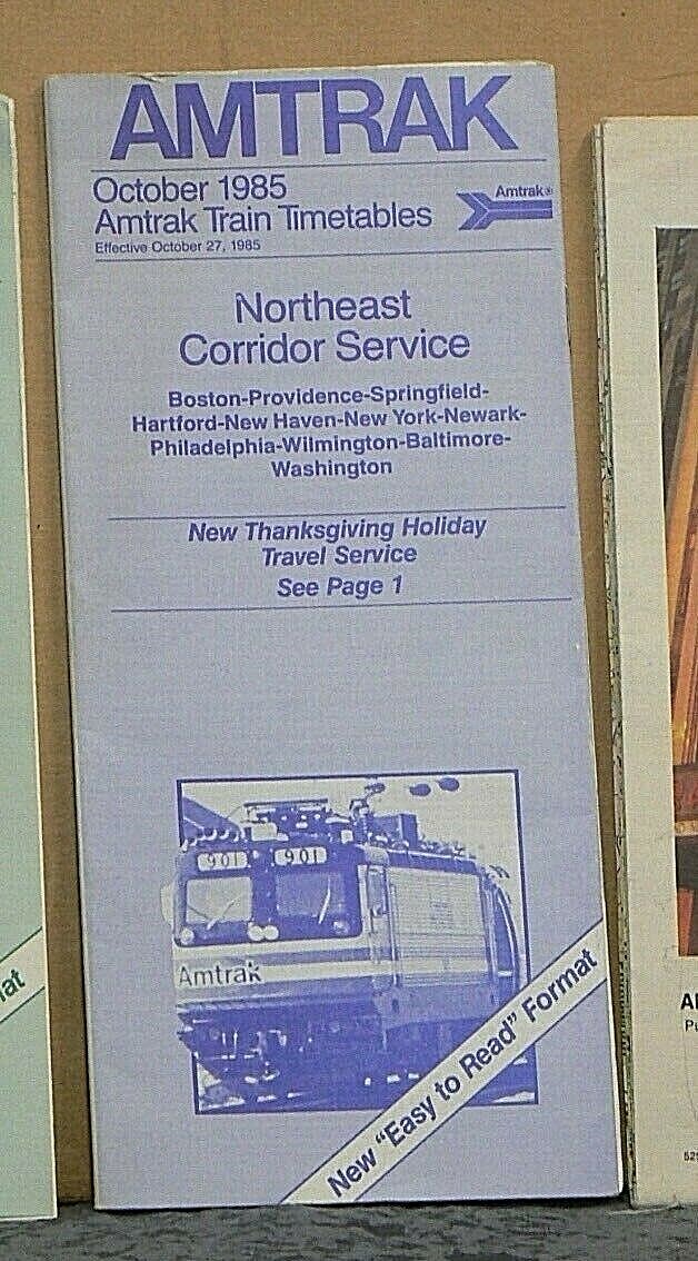 October 1985 AMTRAK Train Timetables Northeast Corrider Service