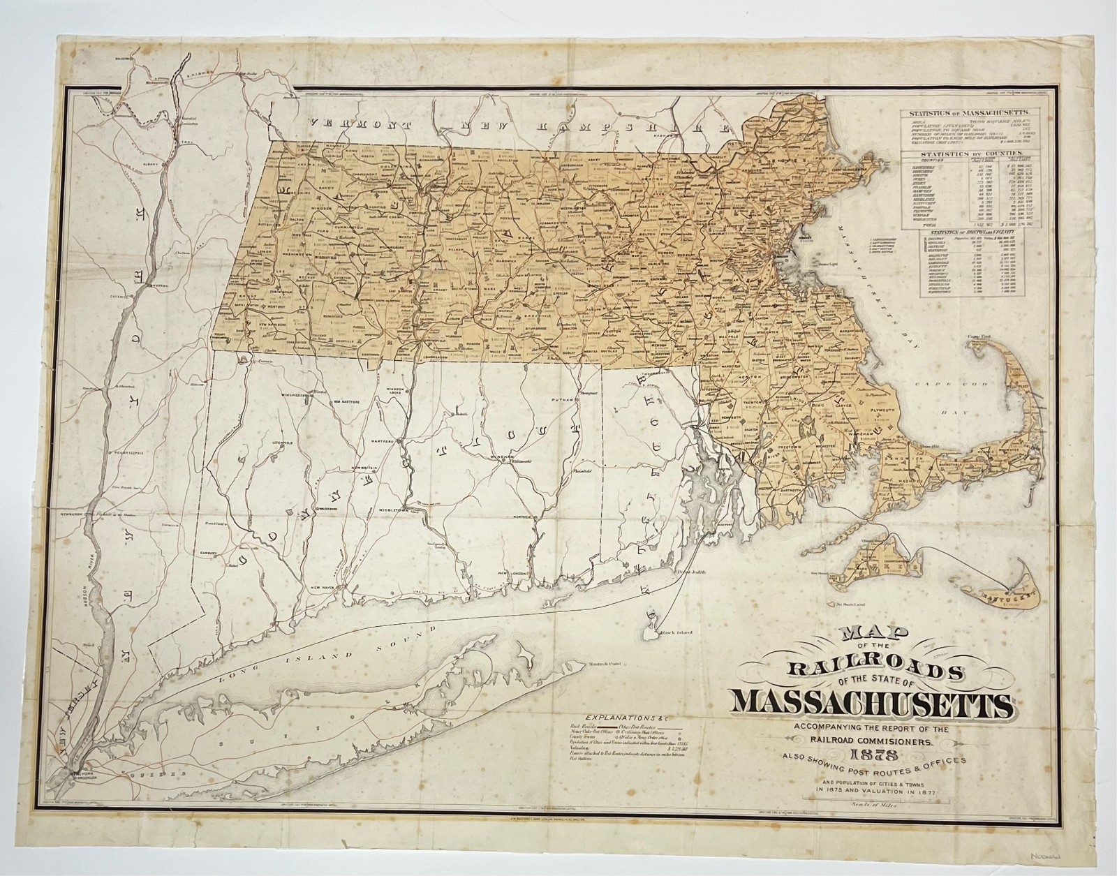 Original 1878 Map of the Railroads of the State of Massachusetts. Big Map