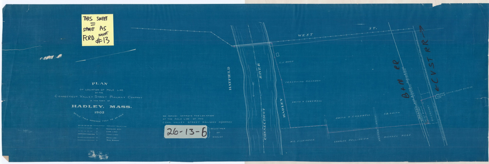 1905 Blueprints Street Railway Pole Line Deerfield, Whately Hadley Mass eb-252