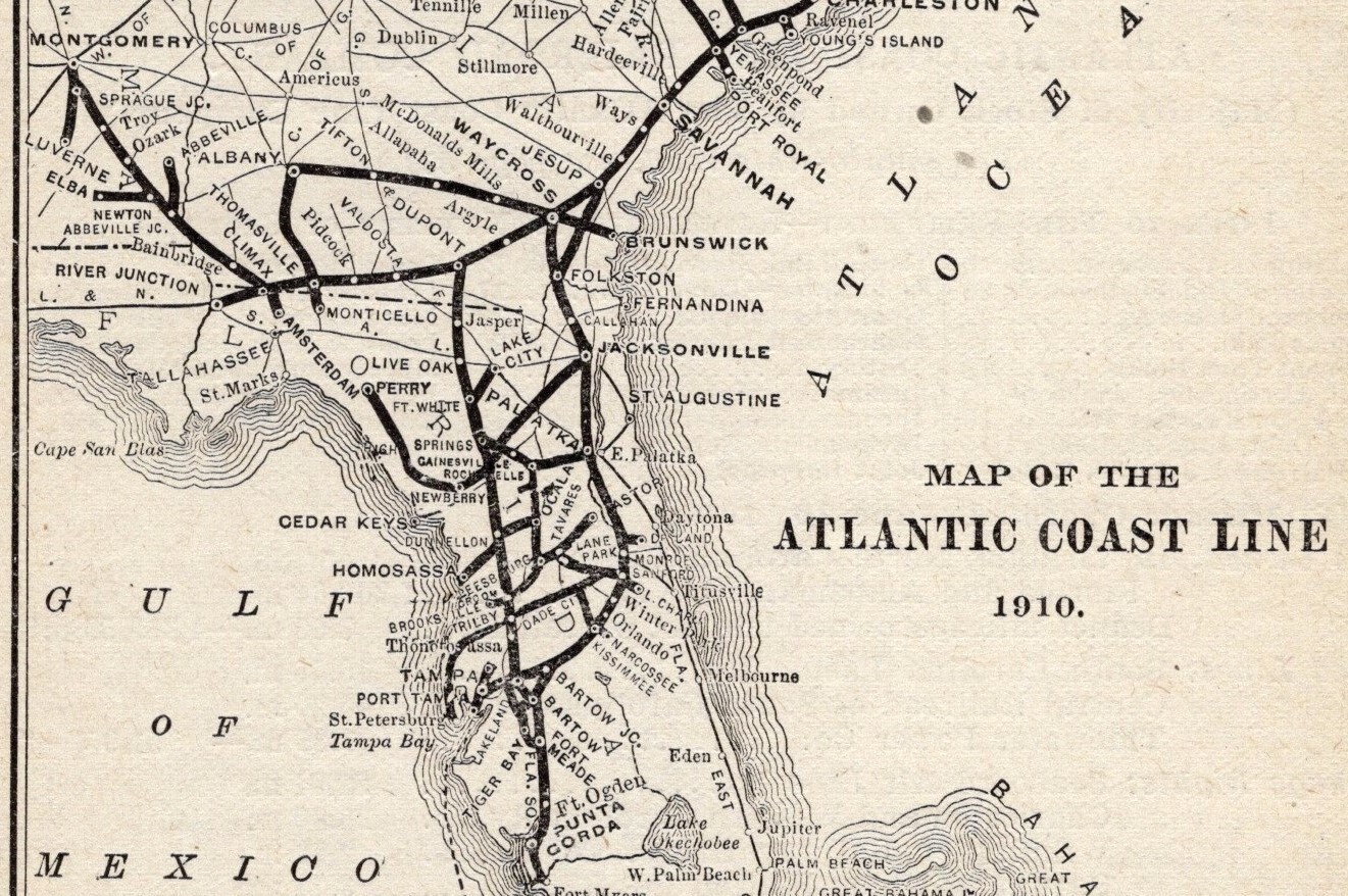 1910 Antique ATLANTIC COAST Line RAILROAD Map Vintage Railway Map 1624
