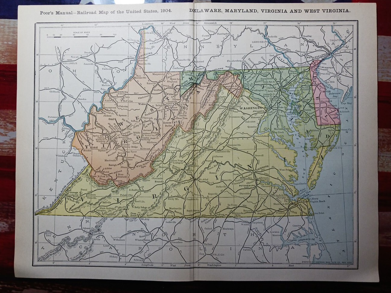 1904 Dated Railroad Map MARYLAND West Virginia DE all Lines Train Routes 11″x9″