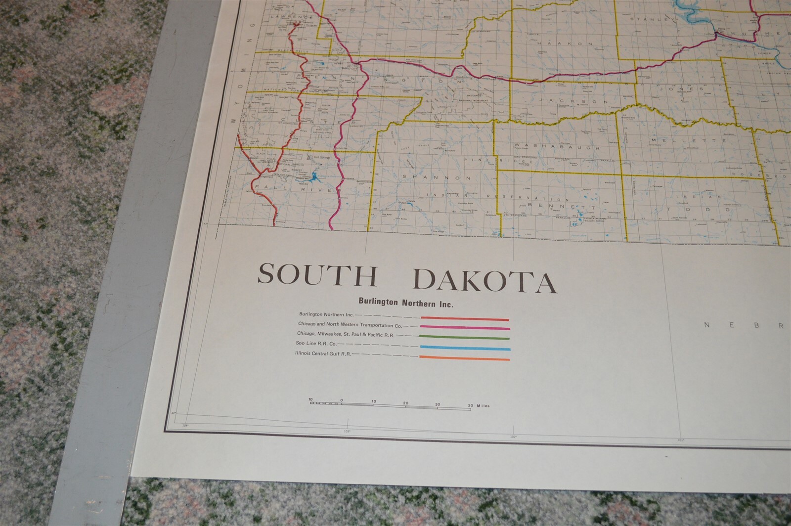 Large 1970’s Burlington Northern Railroad South Dakota Map Poster NO FOLDS