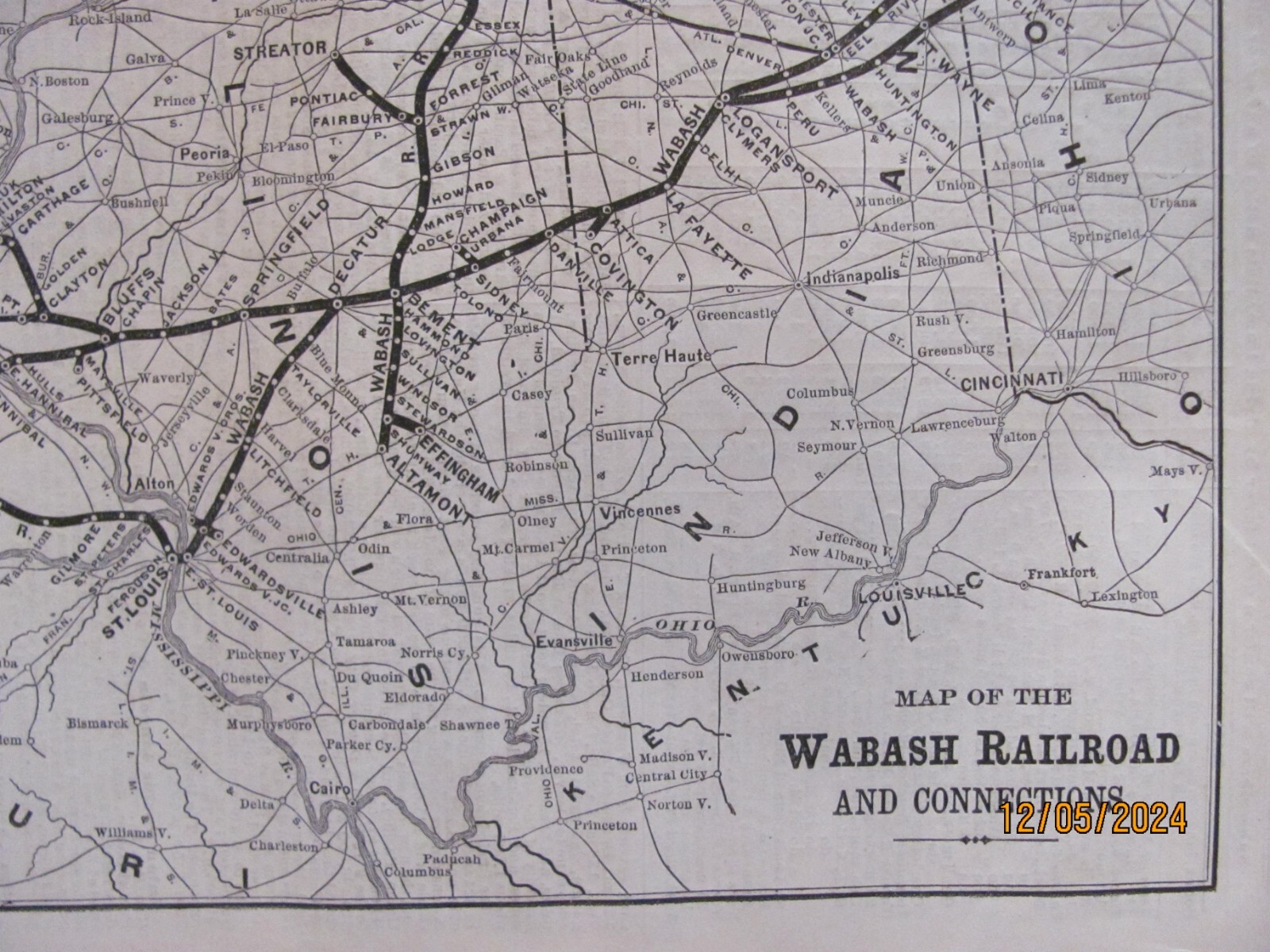 1890 WABASH RAILROAD ORIGINAL SYSTEM ROUTE MAP in OH IN IL MO IA