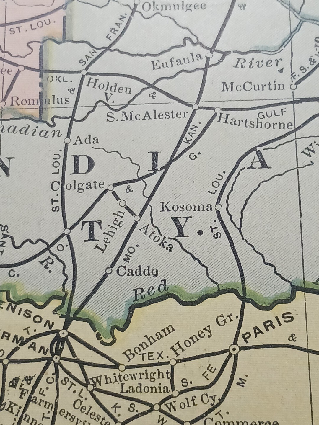 1902 Train Route Map INDIAN TERRITORY TEXAS OK Railroad Lines Stations 11″×9″