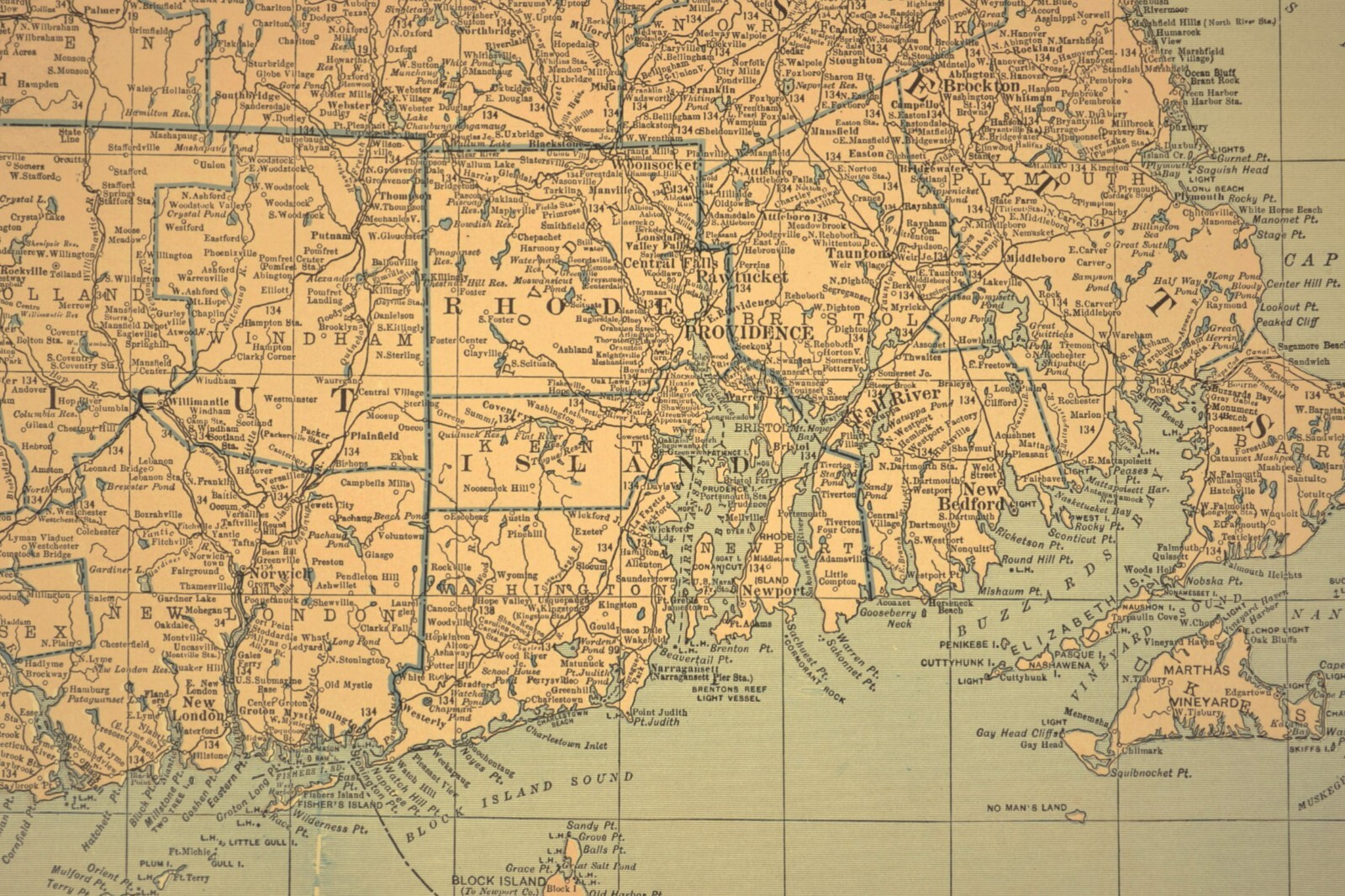 SOUTHERN NEW ENGLAND Map Railroad Massachusetts Old Original Antique