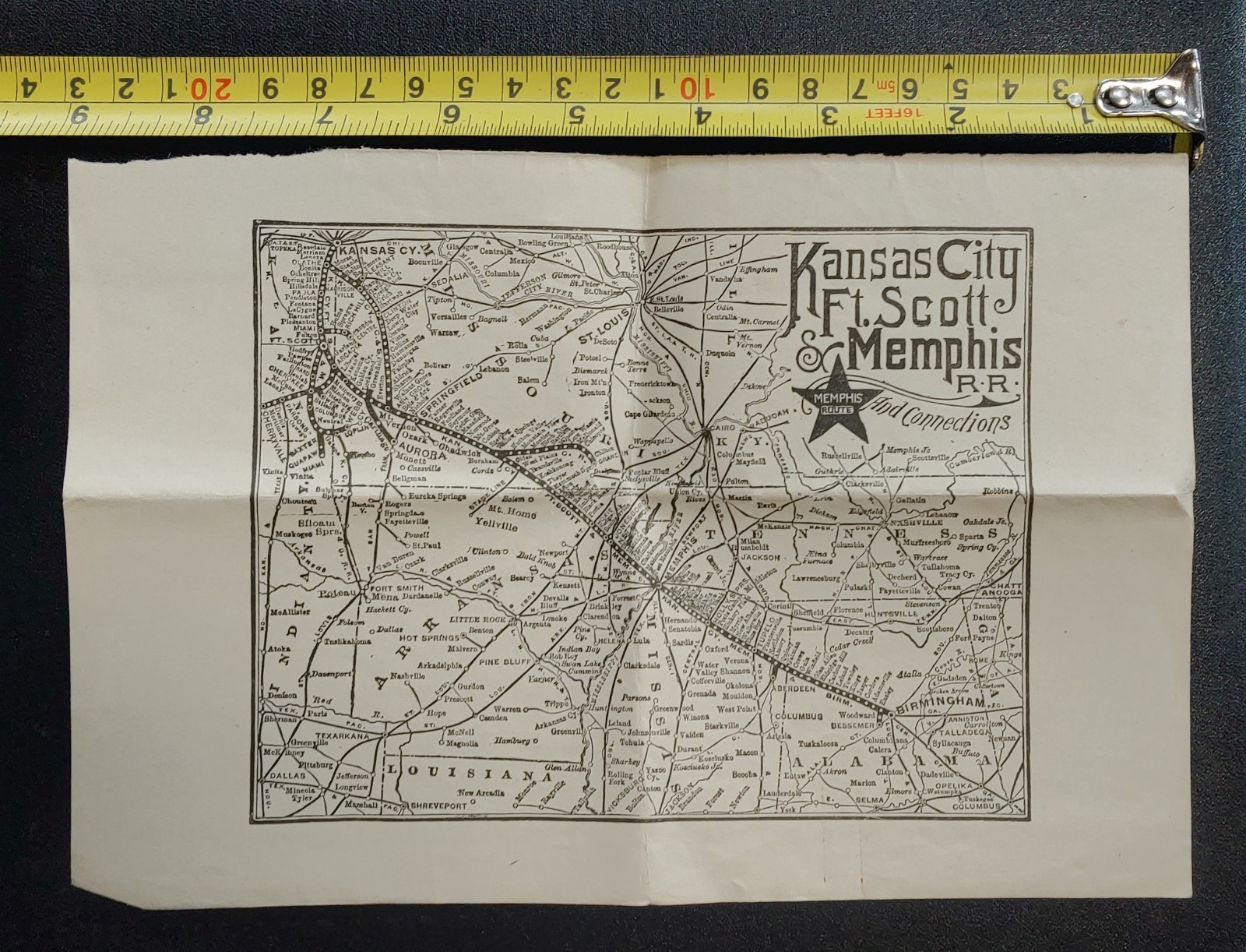 1890’s Antique Kansas City Ft. Scott & Memphis Railroad Railway Map Original