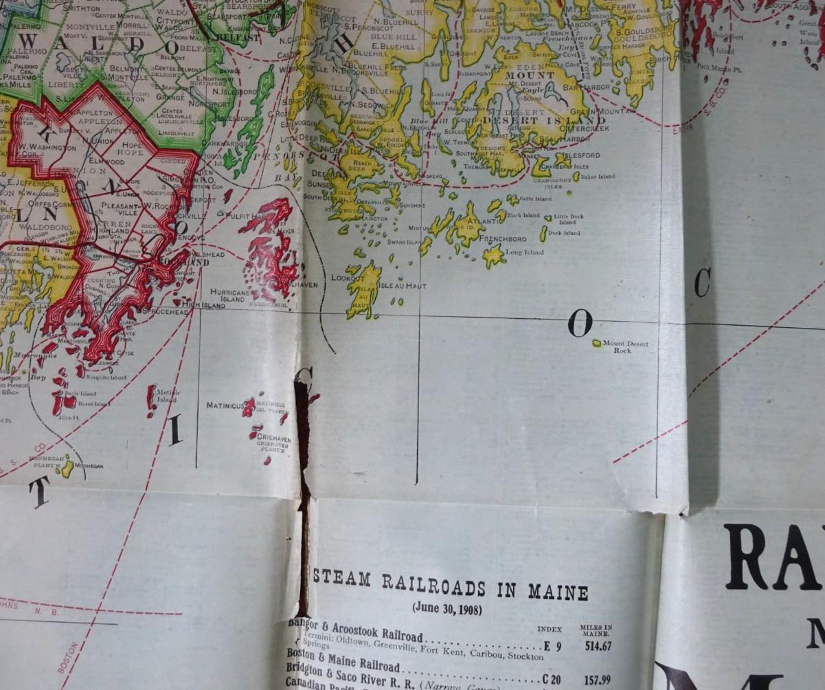 BIG GEO ORAM WALL MAP OF RAILROADS MAINE 41″ x 30″ PRINTED 1909 BY COMMISSIONERS