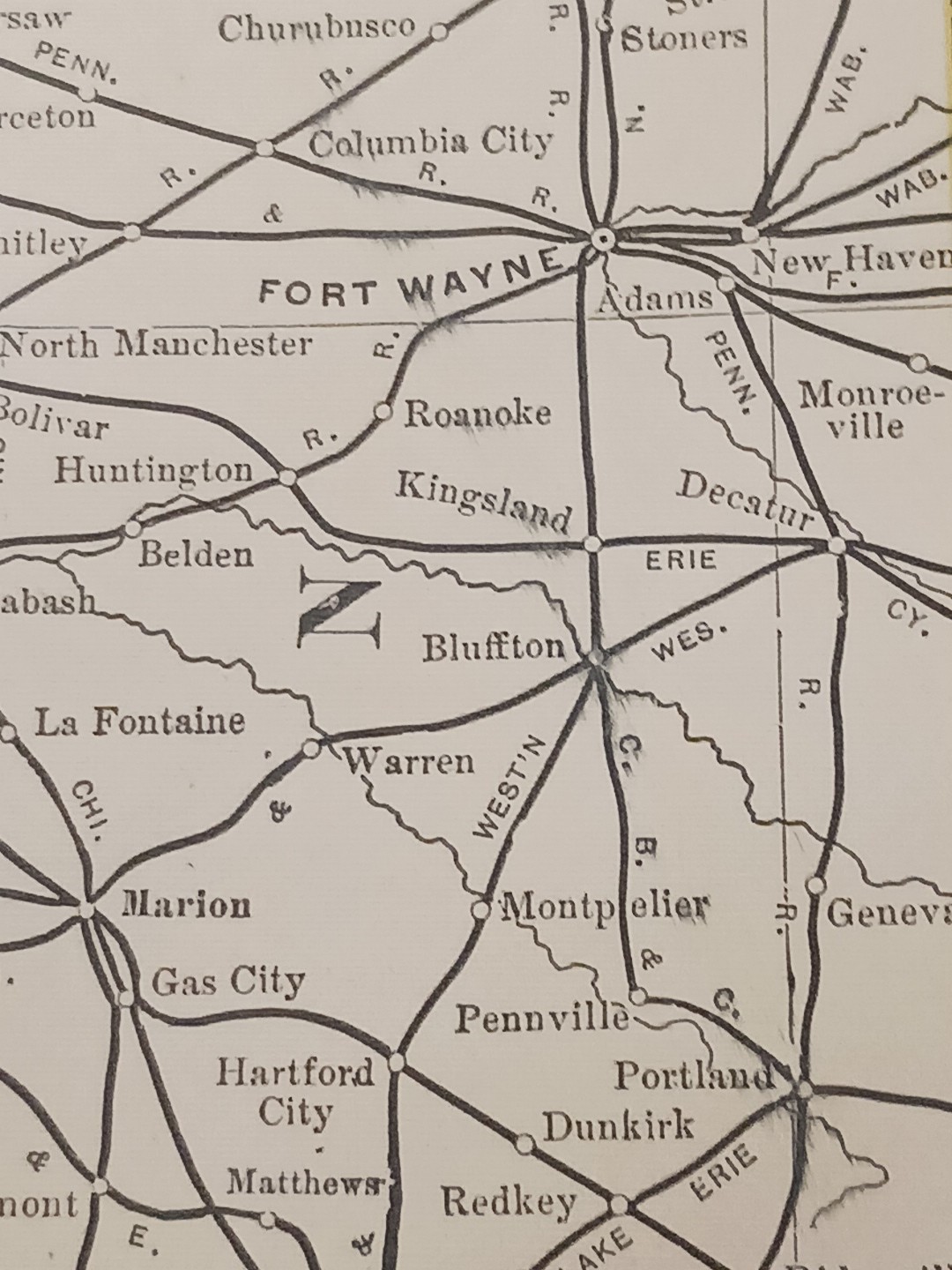 1905 Dated Train Route Map of INDIANA all Railroad Lines 11″x9″ FREE SHIPPING