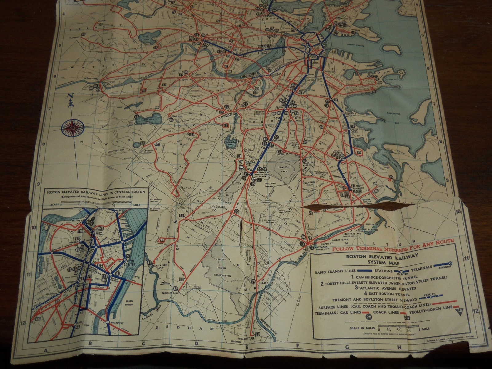 1936 SEPTEMBER BOSTON ELEVATED RAILWAY SYSTEM MAP – TERMINAL NUMBERS – K 1196