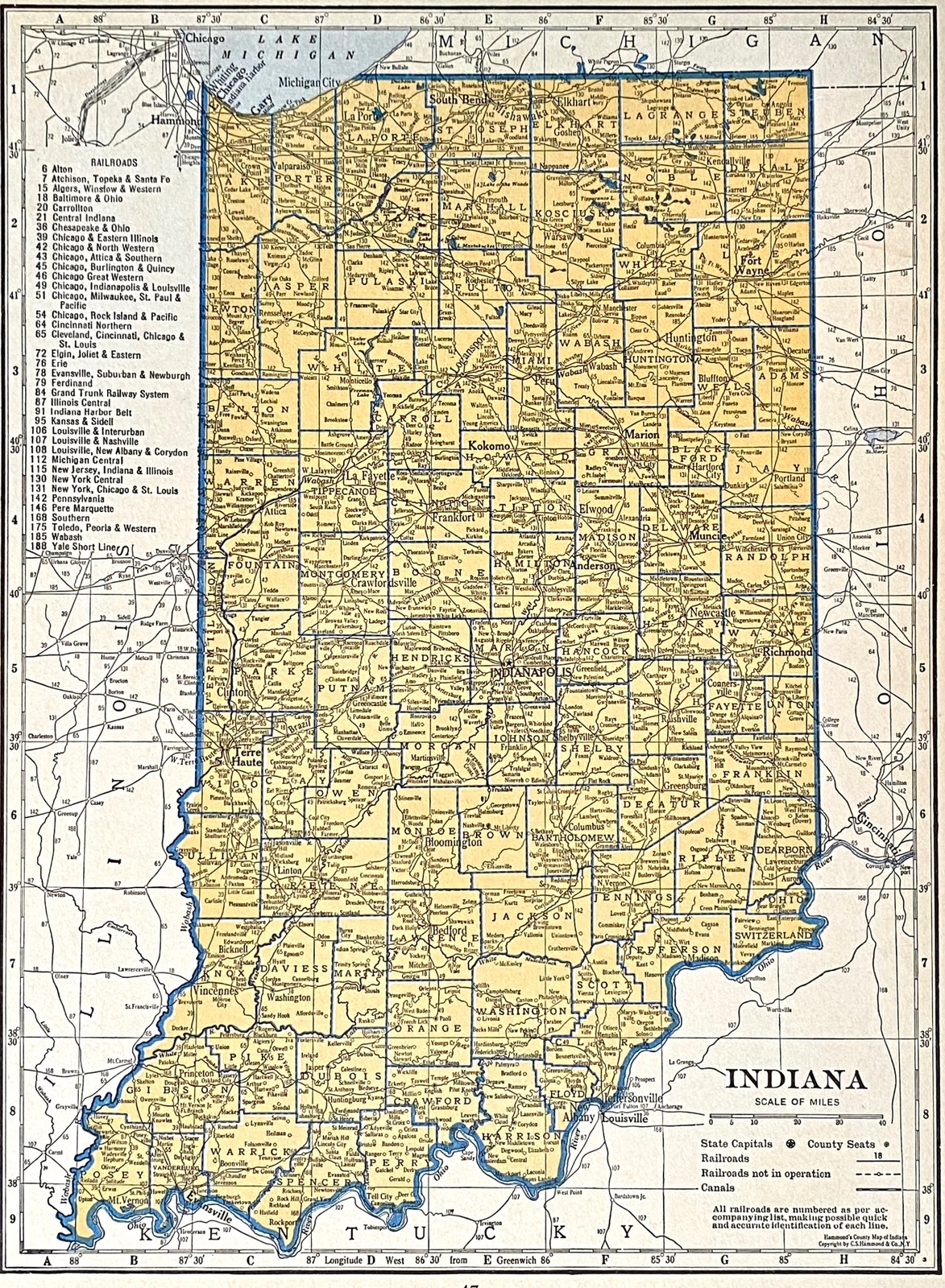 INDIANA & IOWA Original c 1935 County & Railroad Maps. Hammond & Co. 9×12″ VG-F