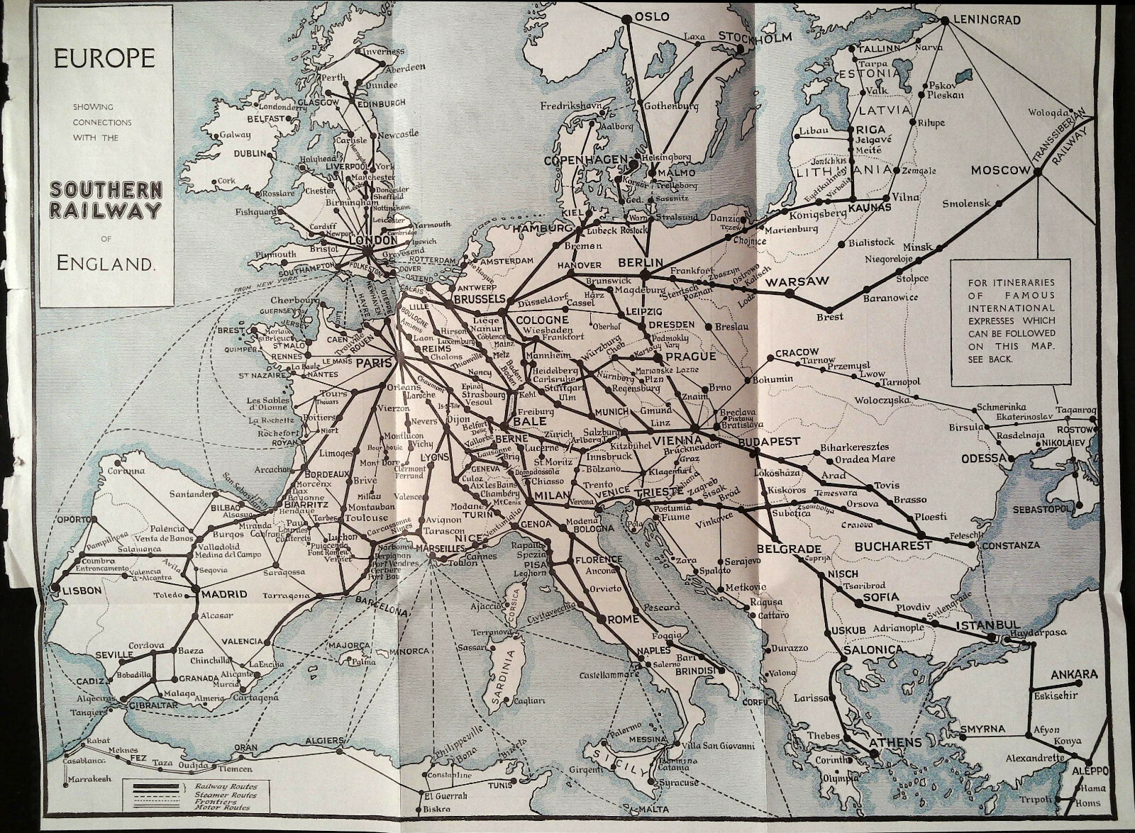 1931 Southern Railway Paris Overnight via Southampton Havre Map