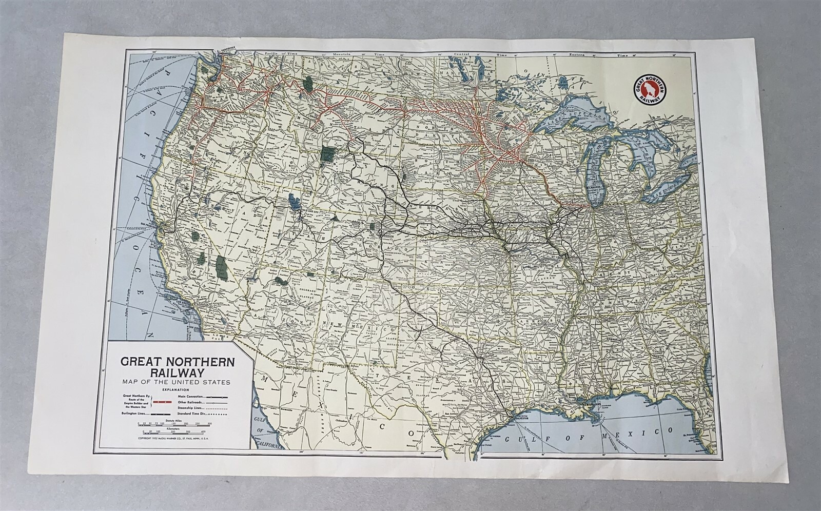 1952 Great Northern Railroad System Route Map US Map 20 1/2″ by 12 1/2″