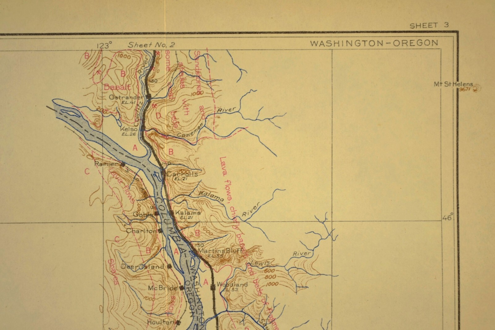 1915 Antique Southern Pacific Railroad Map Portland Oregon Vancouver WA Geologic