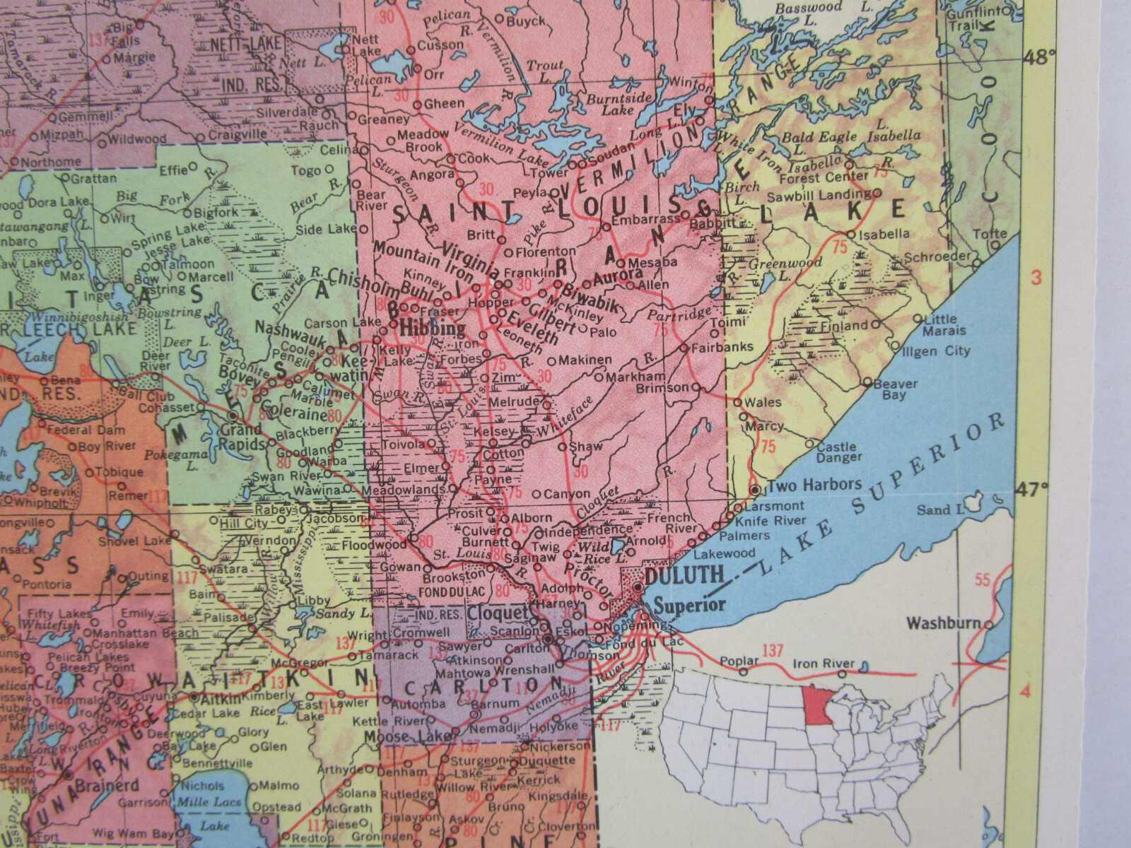 MN MI 1958 MINNESOTA RAILROAD Map DULUTH MESSABE & IRON RANGE RR ~or~ MICHIGAN