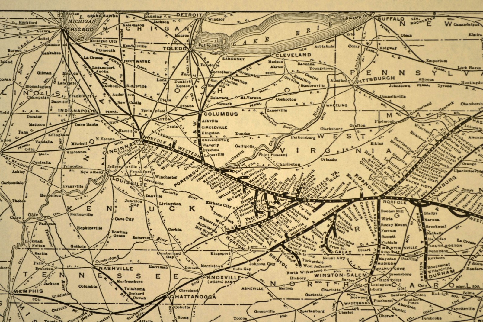 NORFOLK & WESTERN Railway Map Vintage Railroad System Map Antique 1930s