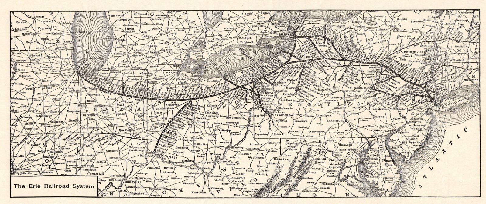 1910 Antique ERIE RAILROAD Map Vintage Railway Map Black and White Map 3192