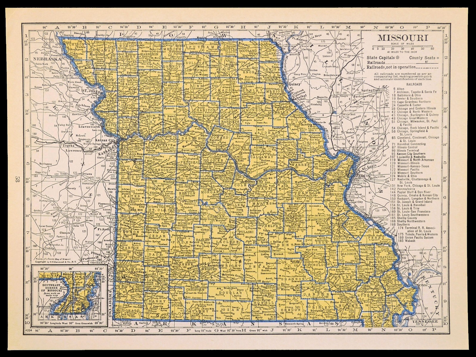 ca1939 MISSOURI Railroad Map Depot Towns WAB RR Historic Original Atlas Map