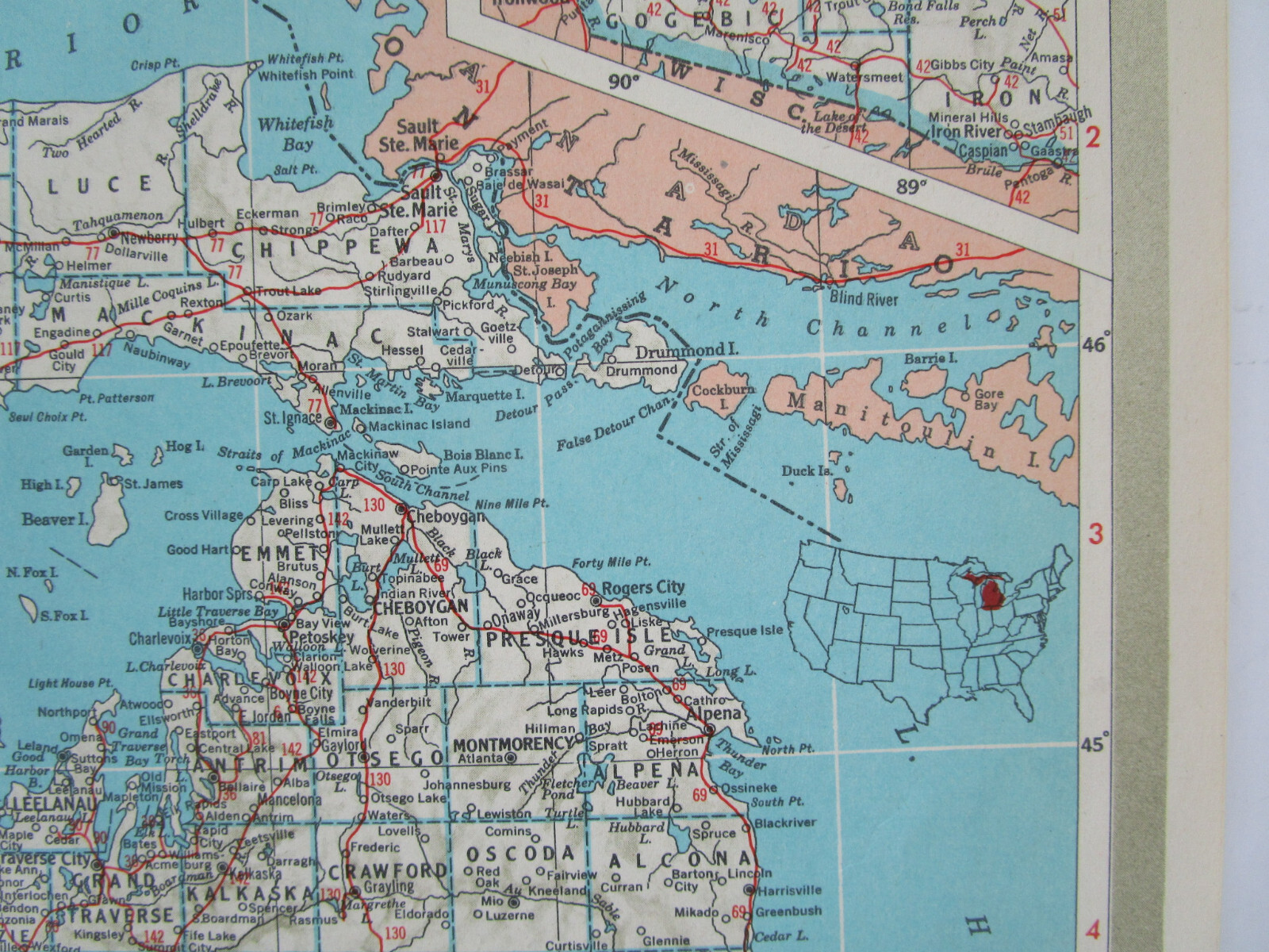 MN MI 1951 MINNESOTA RAILROAD Map DULUTH, SOUTH SHORE, & ATLANTIC RR or MICHIGAN