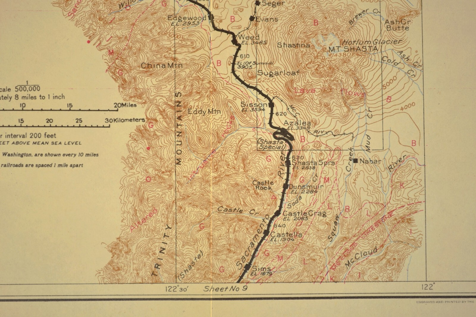 1915 Southern Pacific Railroad Map Mt Shasta Route Weed California Geological