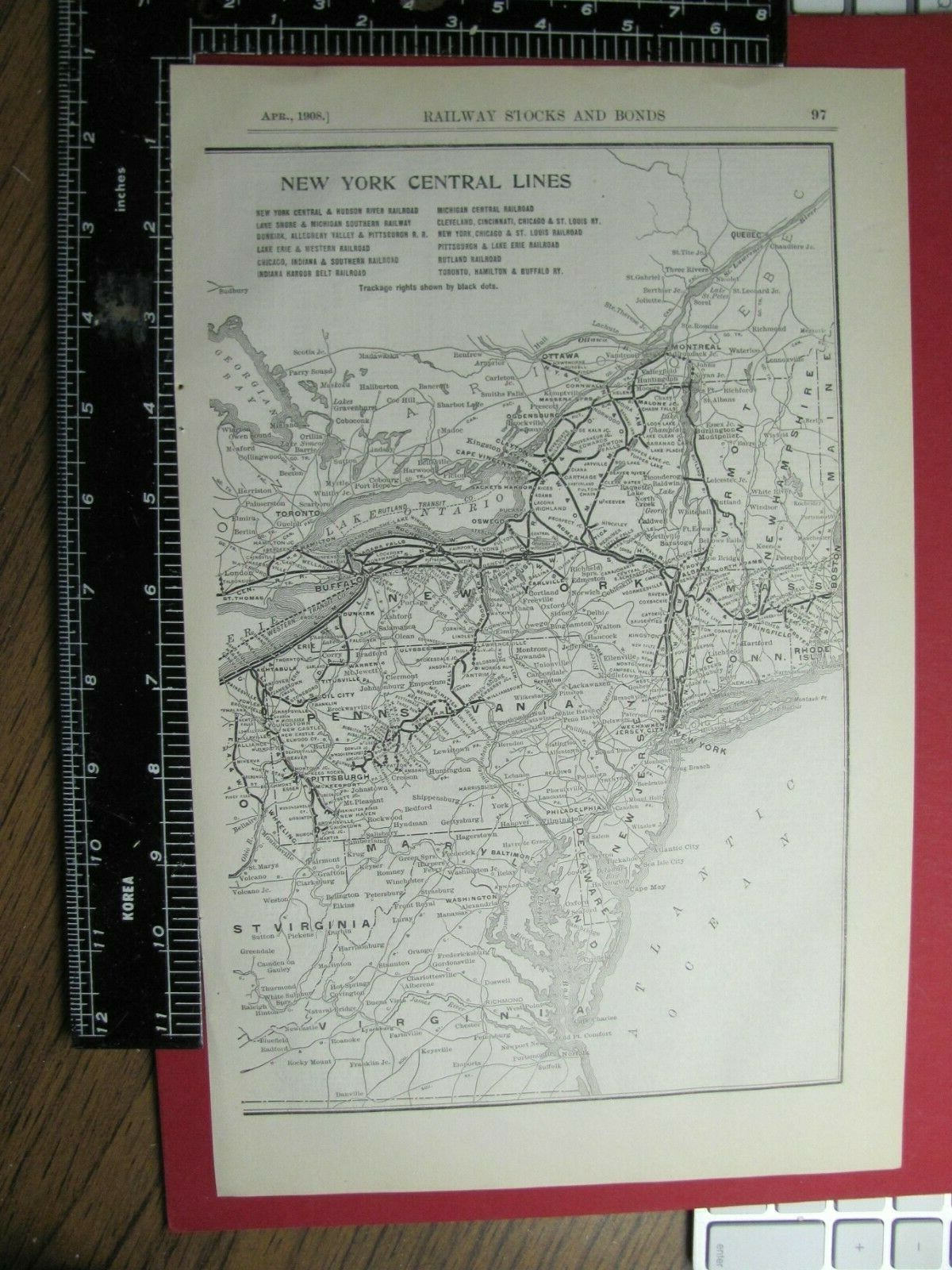 ORIG 1908 NEW YORK CENTRAL RAILROAD SYSTEM MAP RR ROUTE in PN OH IN IL VT MA CT