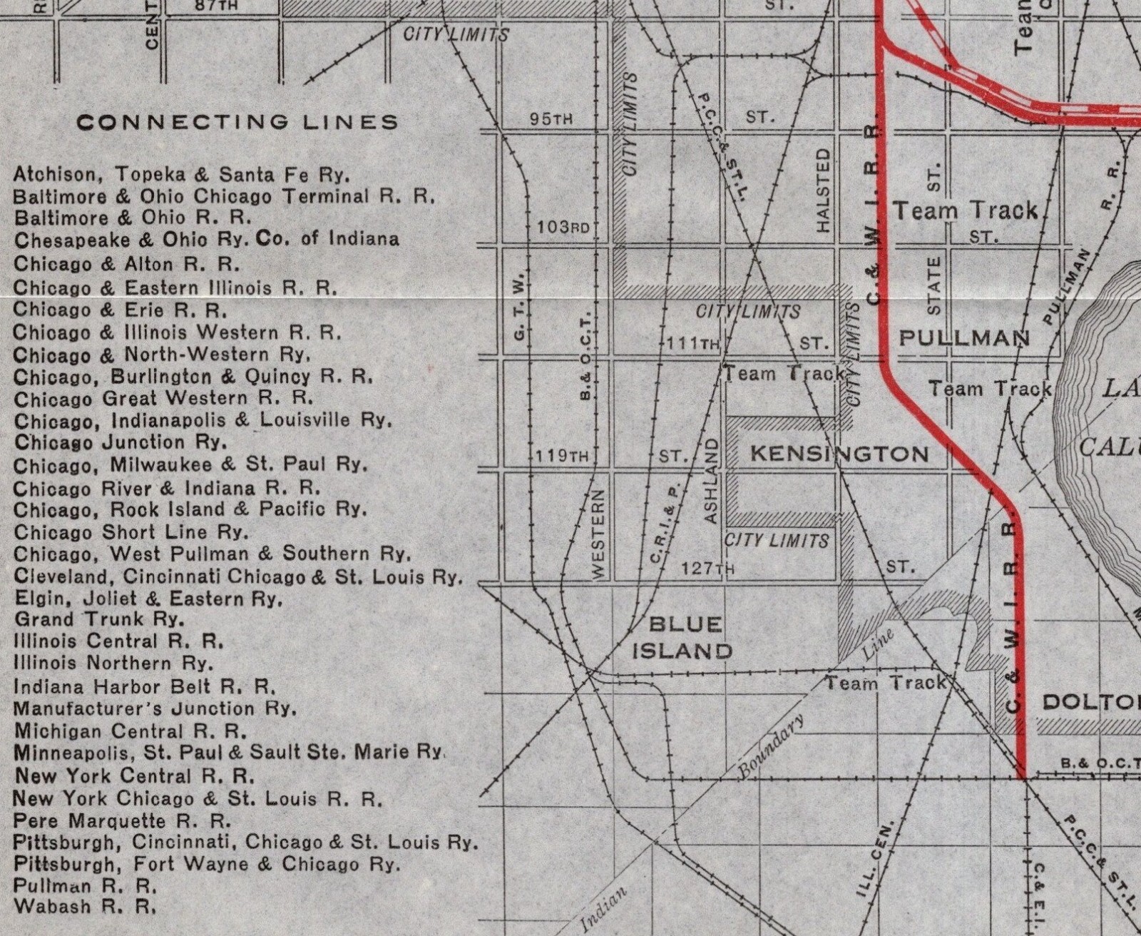 1920 Antique Chicago & Western Indiana Railroad Map Atchison Wabash & More 2938
