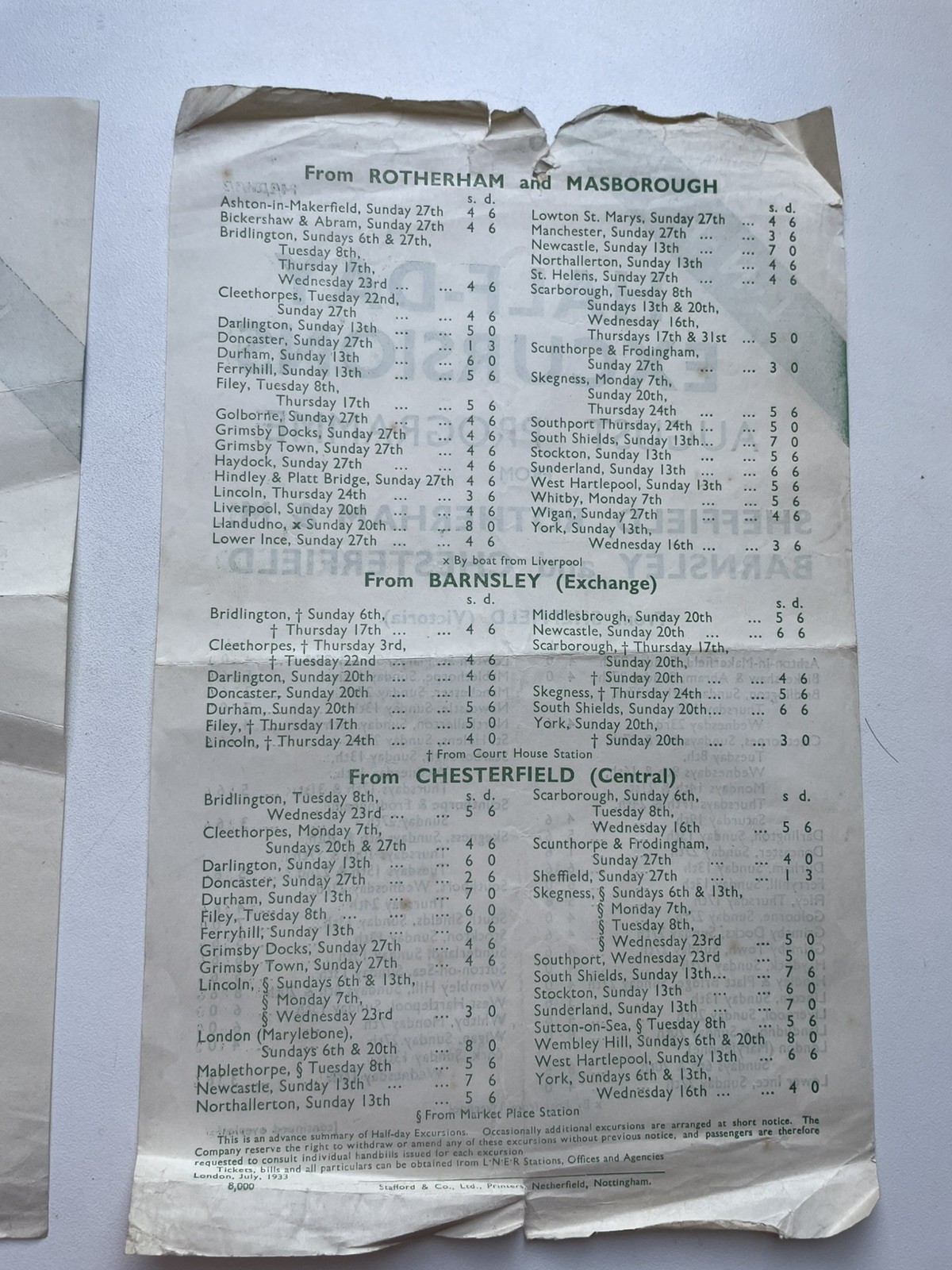 2 x 1930s LNER train timetables for Chesterfield, Sheffield, Barnsley