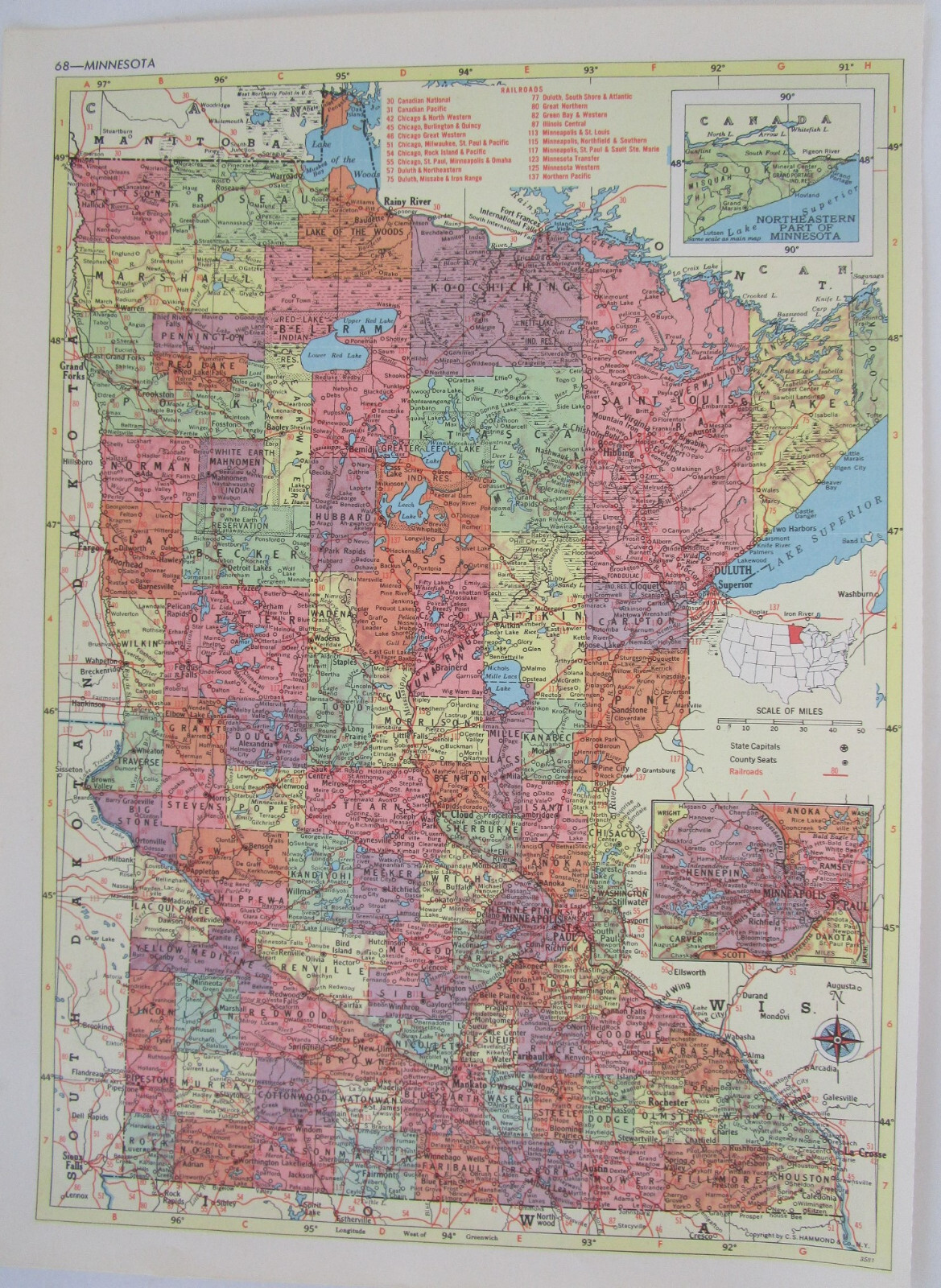 MN MI 1958 MINNESOTA RAILROAD Map DULUTH MESSABE & IRON RANGE RR ~or~ MICHIGAN