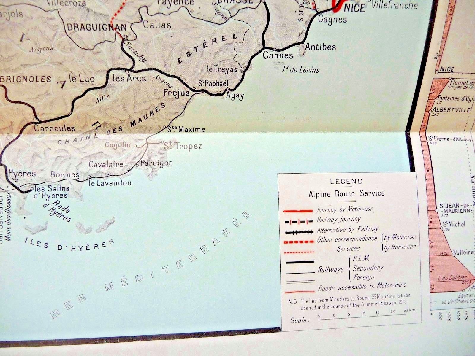 VINTAGE MAP ROUTE DES ALPS LAUSANNE EVIAN THONON NICE BARCELONNETTE FARES 1913