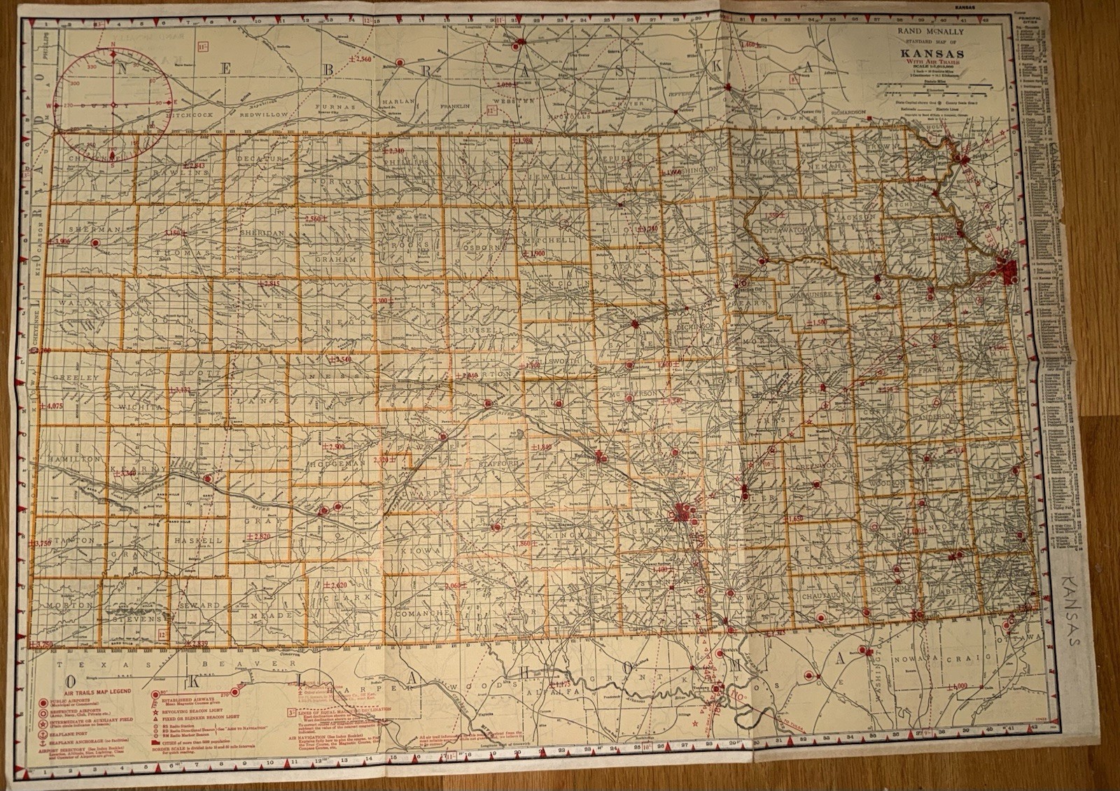 C.1920’s Era Rand McNally Map Of Kansas Air Trails & Railroads 2 Sided Very Rare