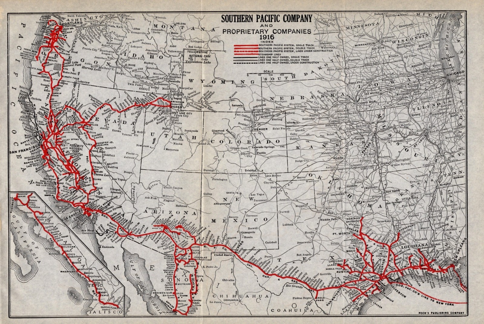 1916 Antique SOUTHERN PACIFIC RAILROAD Map Vintage Railway Map Wall Decor 1575