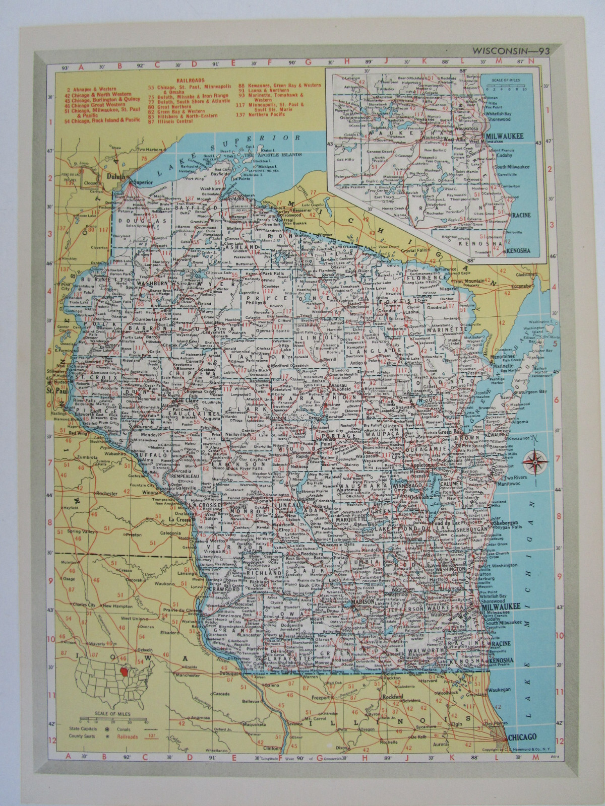 WI WY Vtg 1950 WISCONSIN RAILROAD Map LAONA & NORTHERN RR or WYOMING Map. CB&Q