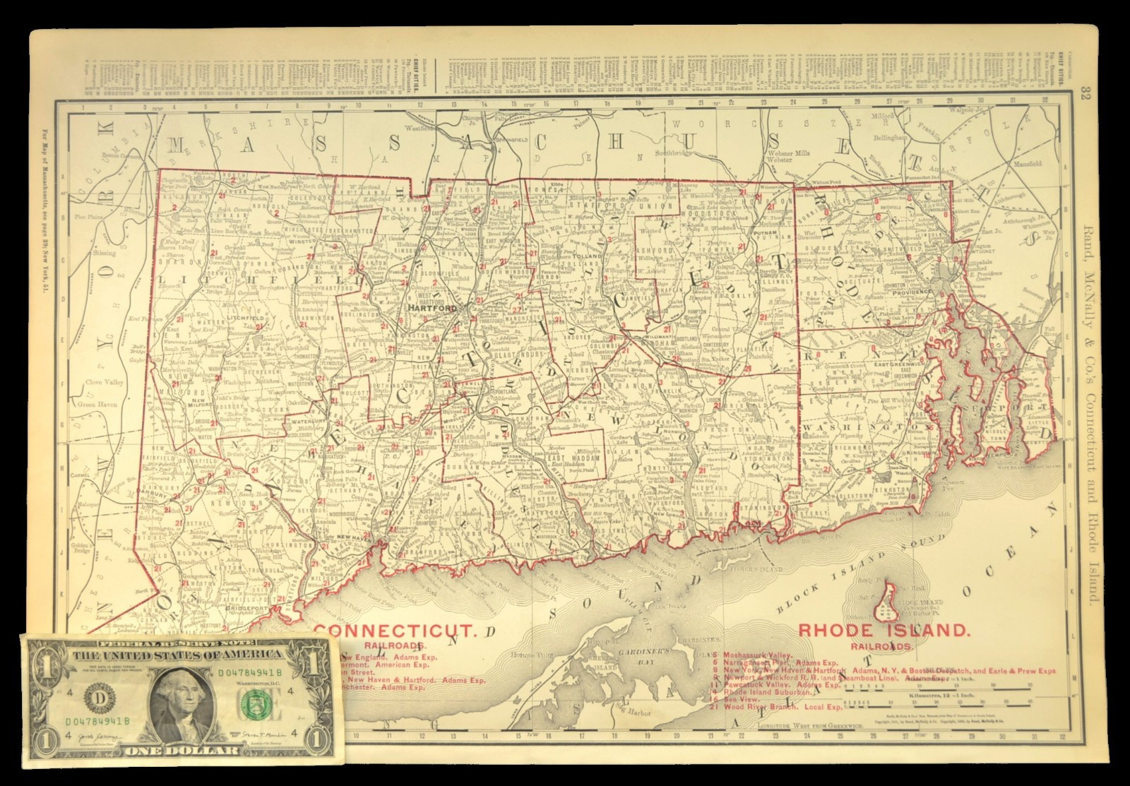 1901 Antique Connecticut Railroad Map of Rhode Island Large Atlas NH RR DATED