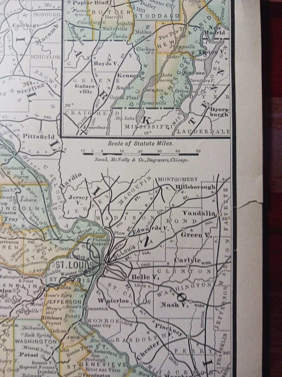 1884 vintage Railroad Map MISSOURI Train Line Routes Railway Town Stations 9×11″