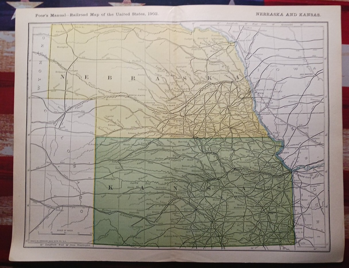 1902 Train Route Map NEBRASKA KANSAS All Railroad Lines Stations 11″×9″ Dated