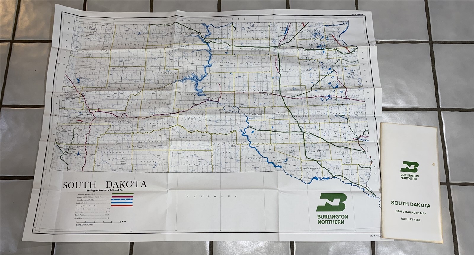 1983 Burlington Northern Railroad South Dakota Map 36 3/4″ by 26 1/4″