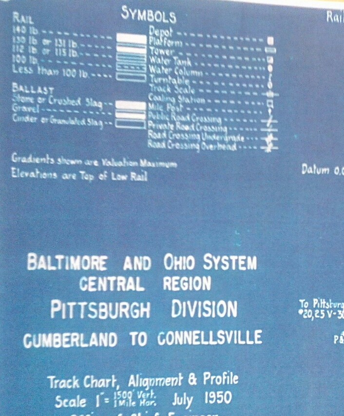1950 B & O Railroad Pittsburgh Division Track Chart Connellsville Greene Jct NEW