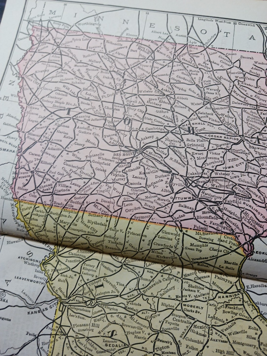1897 Train Route Map MISSOURI & IOWA all Railroad Lines Station Marked 9″x 11″