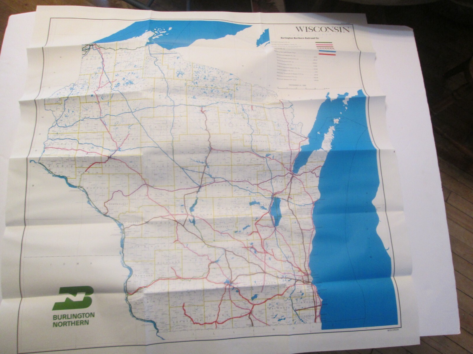 Large Burlington Northern State Railroad Map of Wisconsin 1983