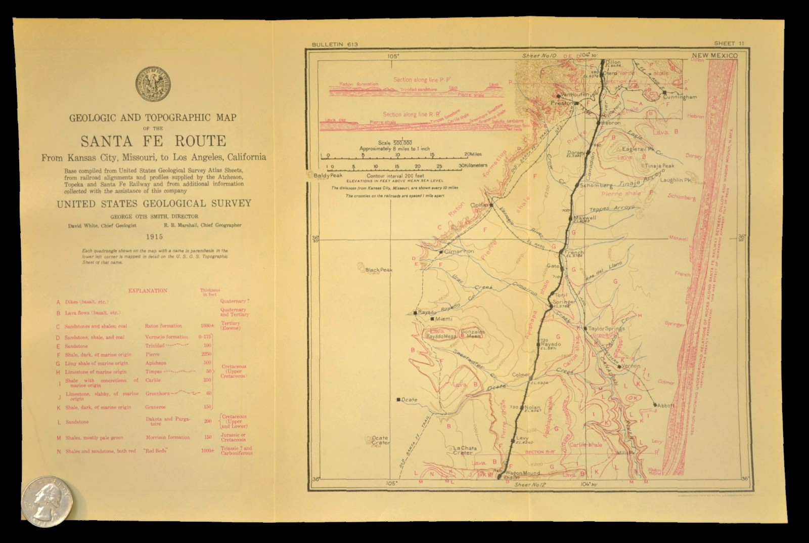 1915 Antique Santa Fe Railroad Map Line Rayado New Mexico Cimarron NM Geological