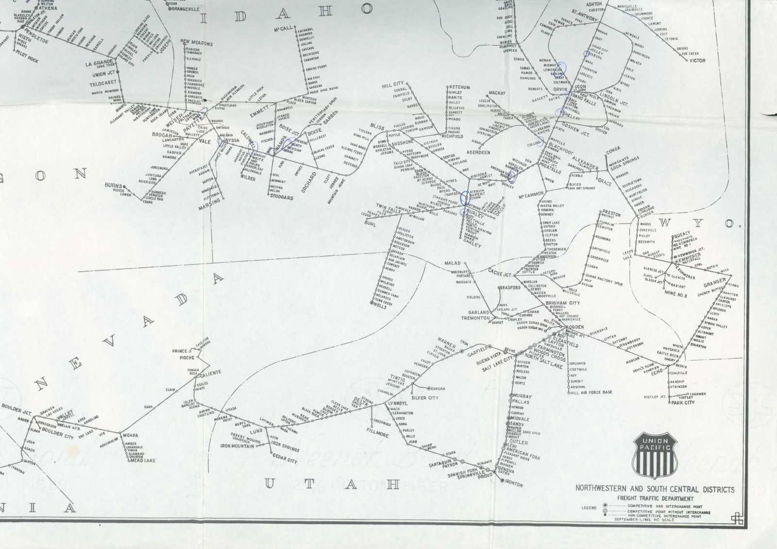 1962 Sept. Union Pacific District System Map Railroad Route Northwestern South