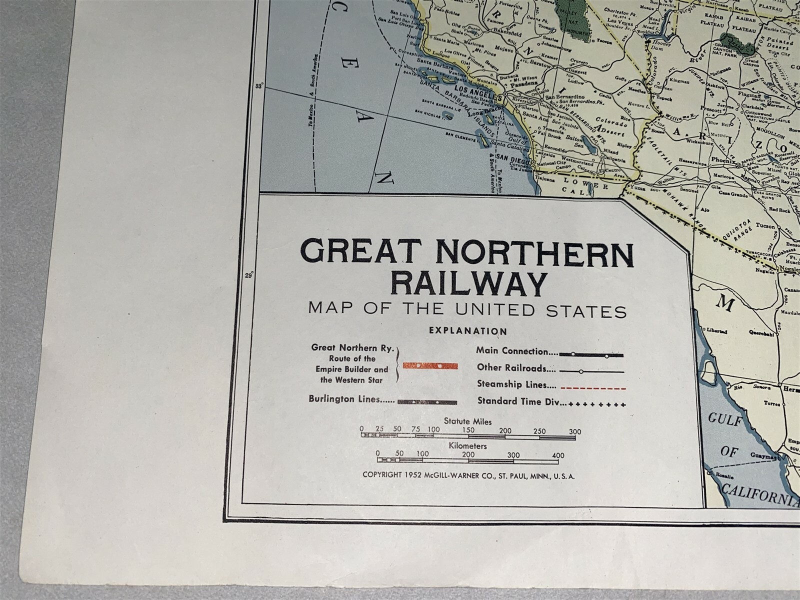 1952 Great Northern Railroad System Route Map US Map 20 1/2″ by 12 1/2″