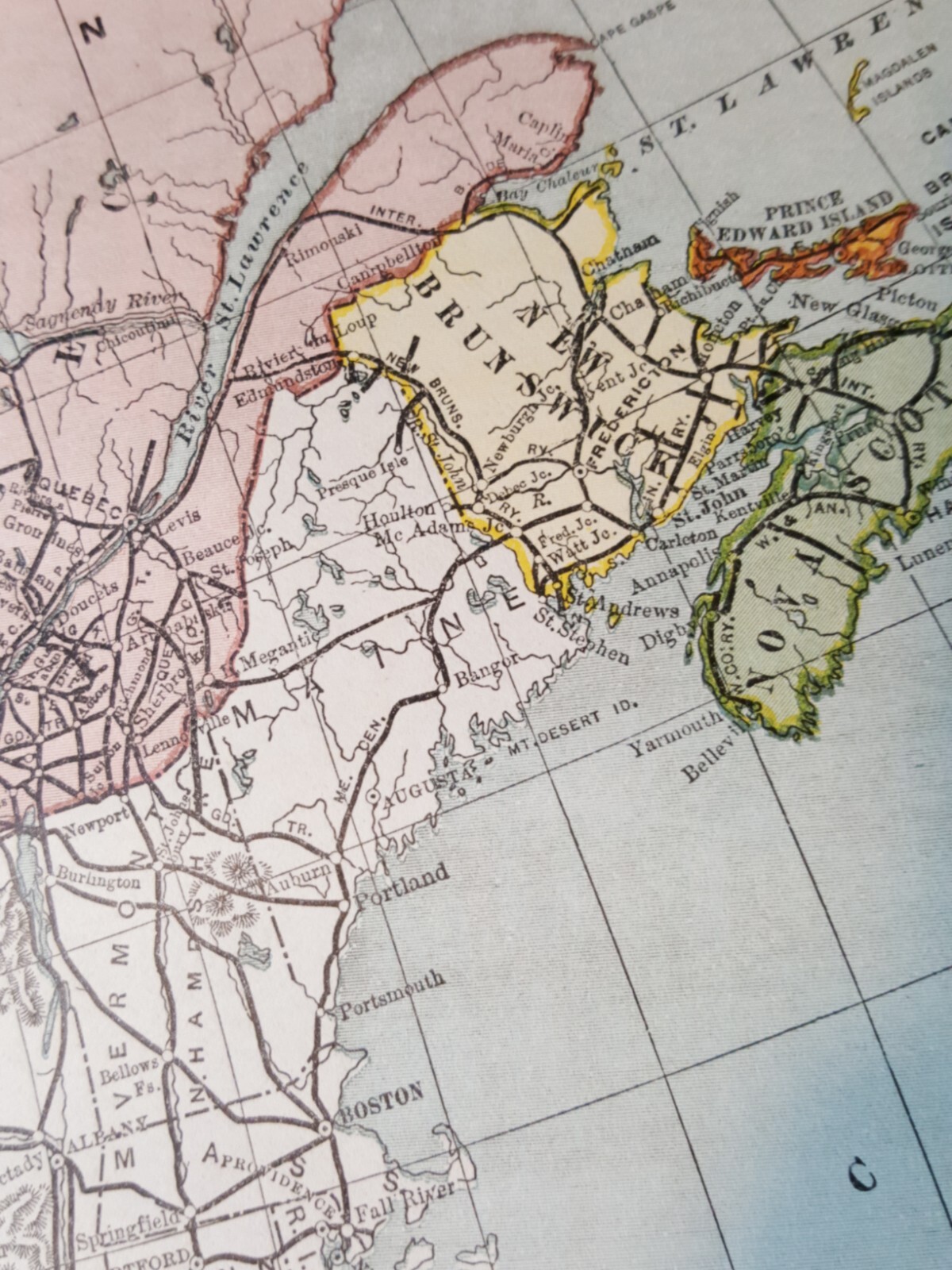 ◇ 1896 original railroad map EASTERN CANADA all routes Halifax Fort Williams