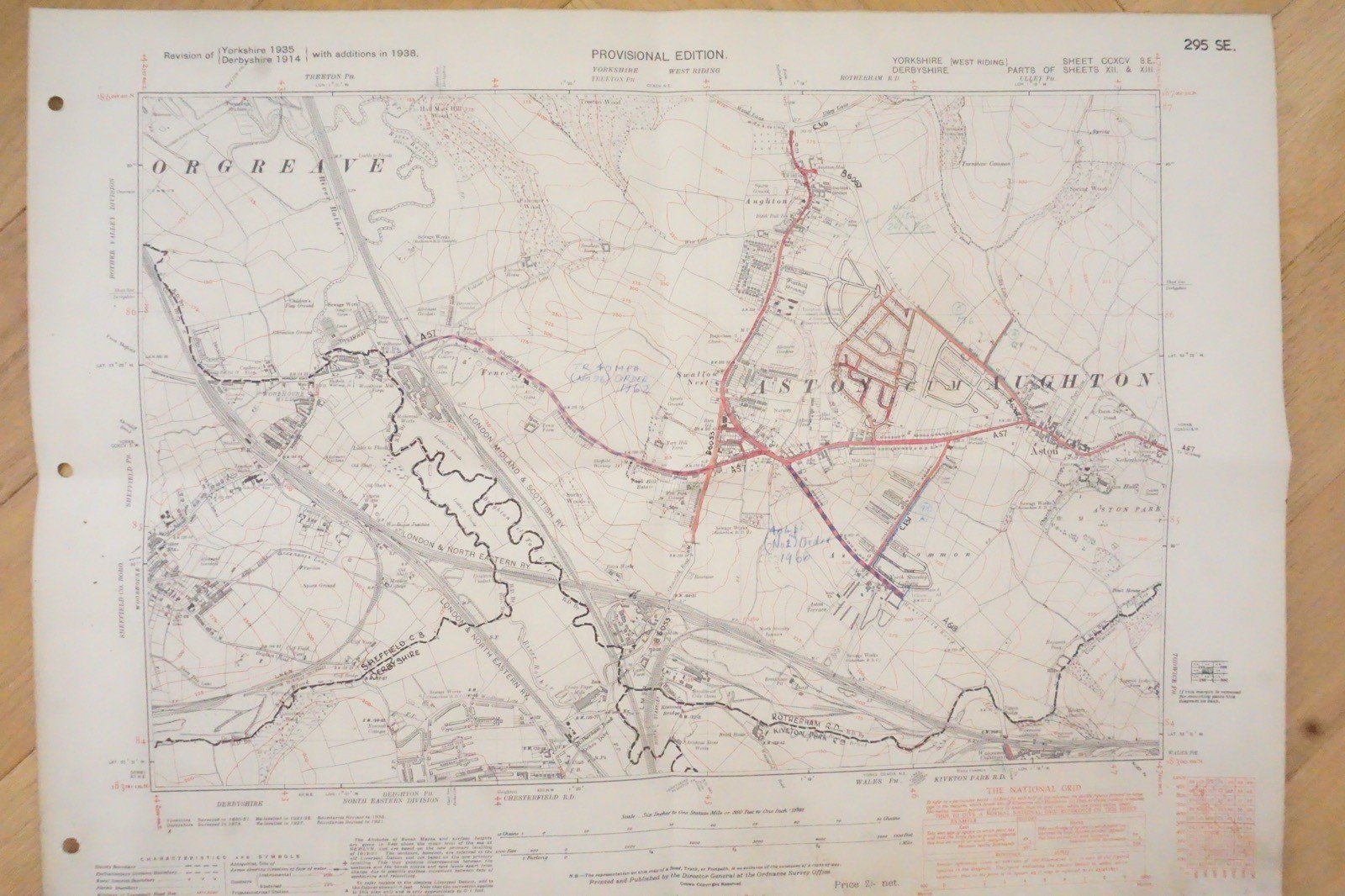 1938 Aston Aughton Yorkshire LMS LNER Railway OS Linen Map Ref 41 *
