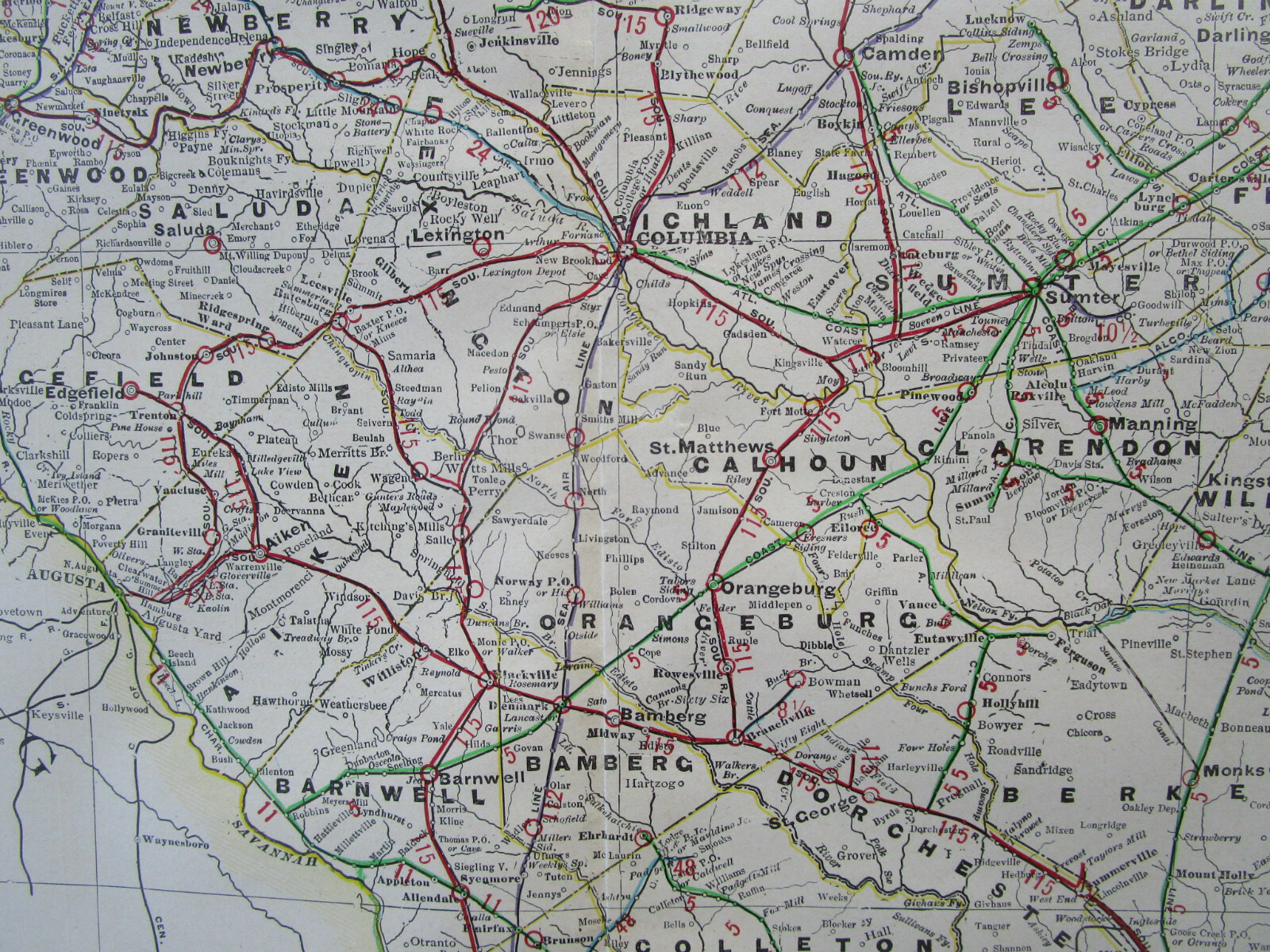SC 1910 SOUTH CAROLINA Cram INTERURBAN + STEAM RAILROADs Map. EDGEMOOR MANETTA