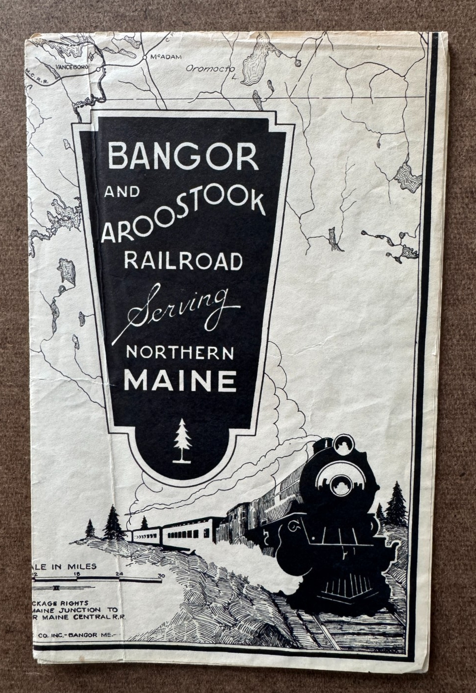 Vintage ca 1930s 17×27 Bangor and Aroostock RR Railroad Route Map Northern Maine