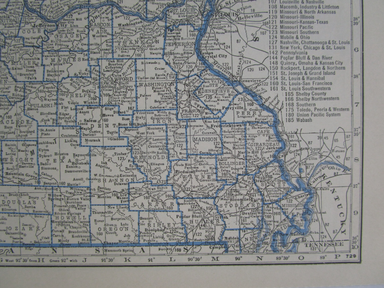 MO MS Vtg 1933 MISSOURI Map DEERING SOUTHWESTERN or MISSISSIPPI. PEARL RIVER VAL