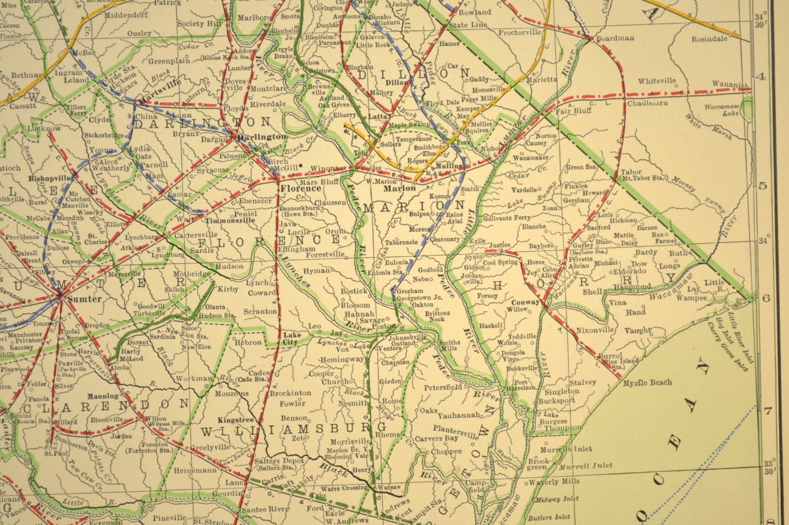 1914 Antique Map of SOUTH CAROLINA Railroads Map ORIGINAL Atlas Map ACL RR DATED