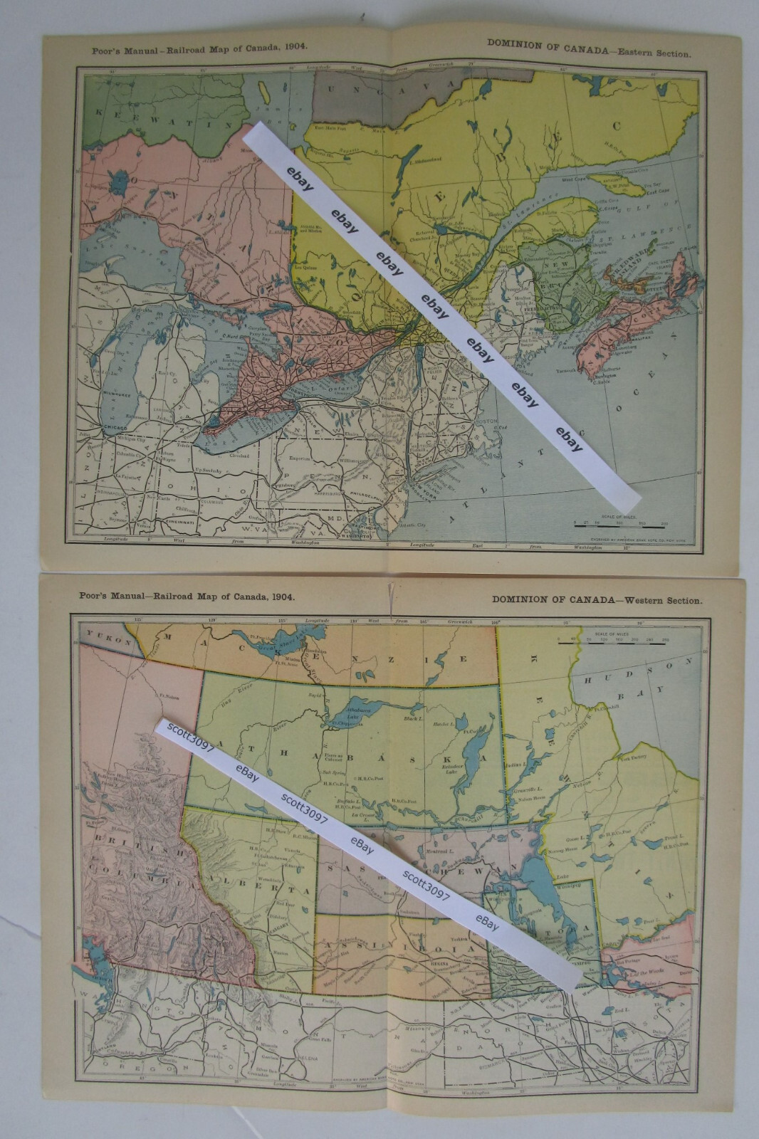 2 CANADA DATED 1904 Poor’s Manual Railroad Maps. EASTERN + WESTERN Sections