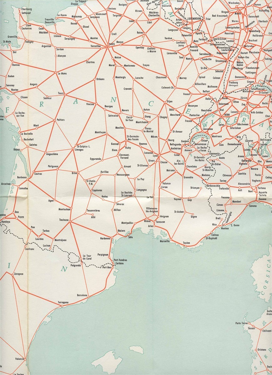 Map of European Lines on Which Eurailpass is Valid 1959 Railroad Ferry Steamers